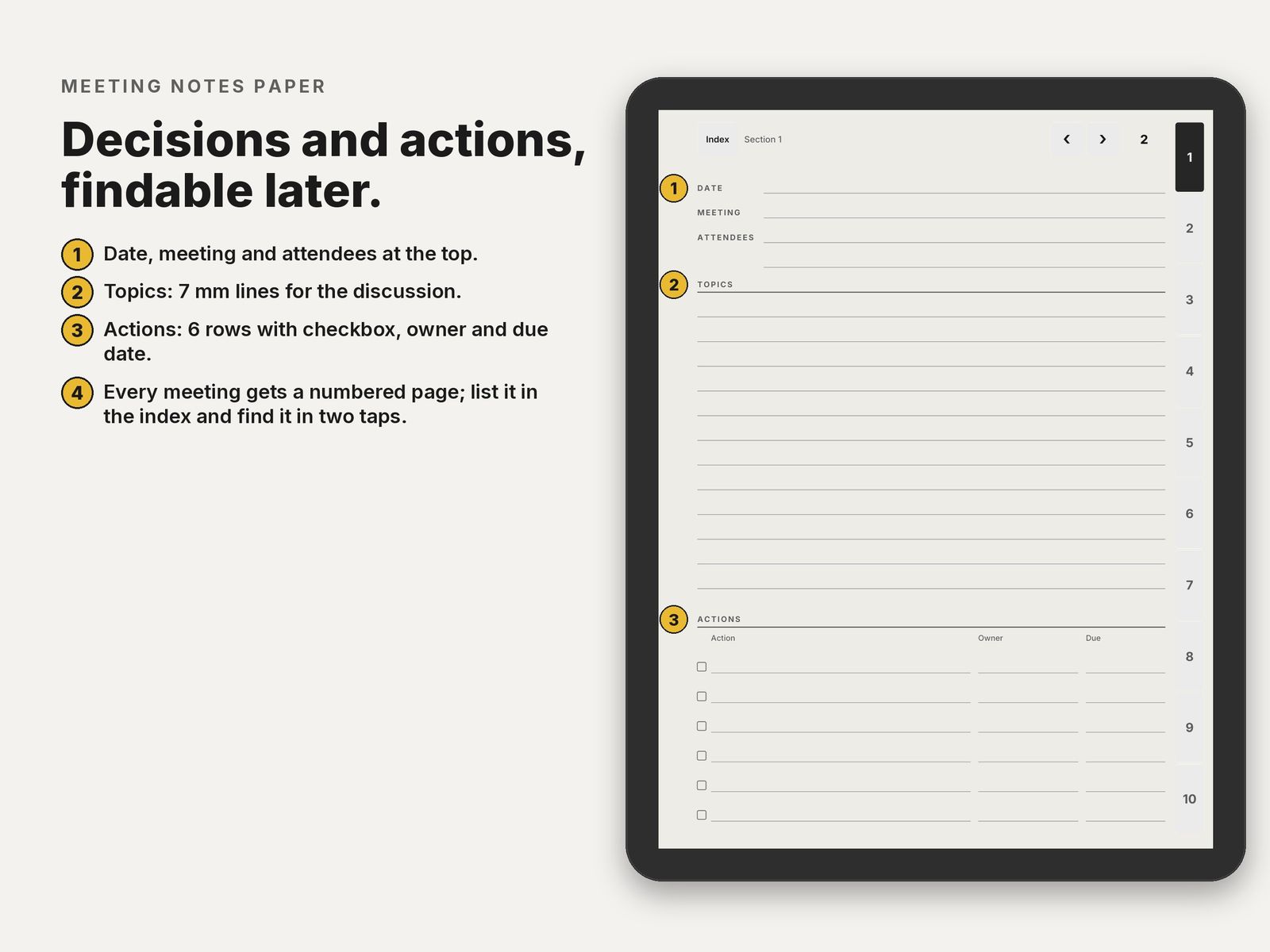 Meeting notes page with date, attendees, topics and action rows