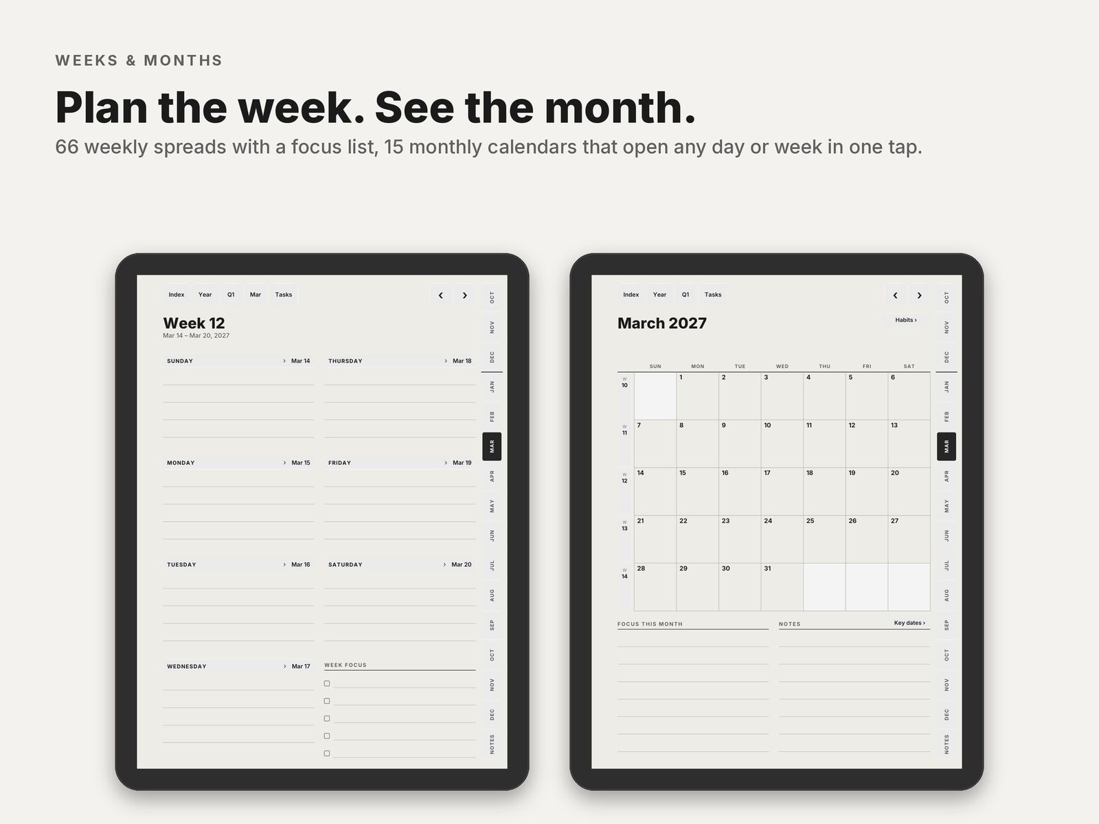 Weekly page and monthly calendar page
